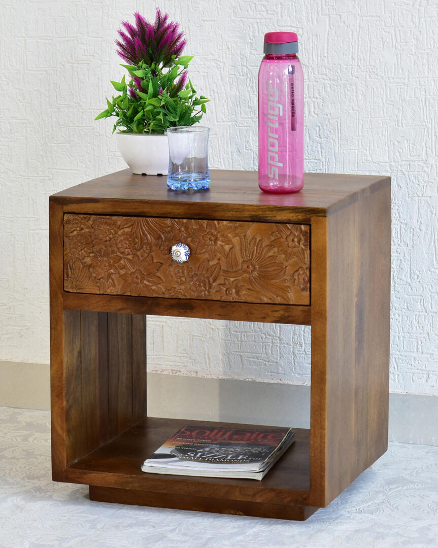 Lisa Carving Side/Bedside Table - Natural Brown - Image 2